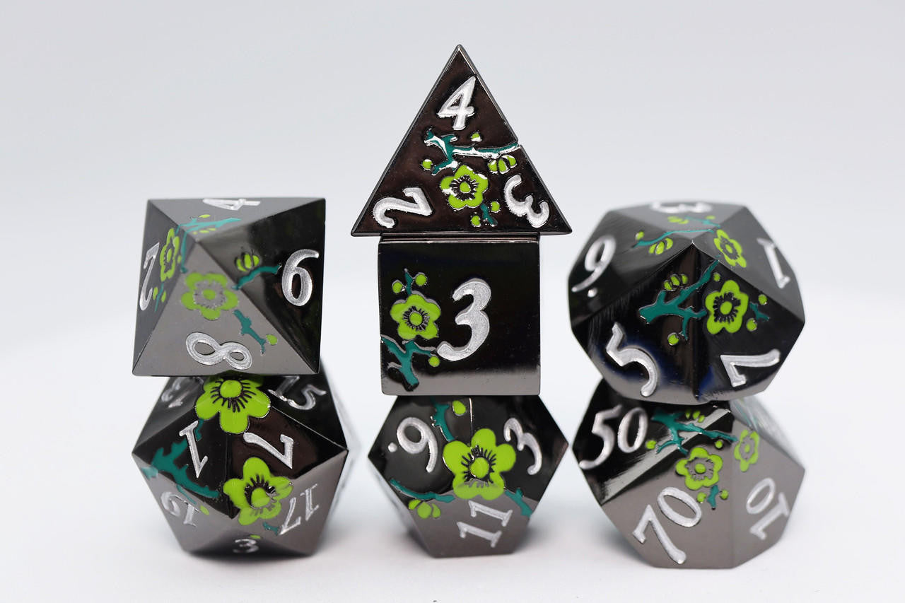 Foam Brain Games Black with Green Orchids RPG Metal Dice Set
